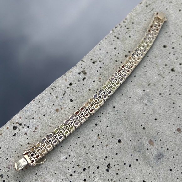 Sterling Silver 925 Rainbow Gemstone Tennis Bracelet Crown Mark 6.75” Estate - Picture 4 of 10